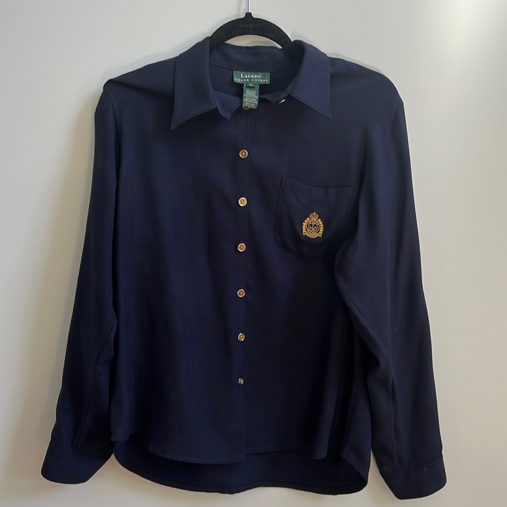 Lauren Ralph Lauren 100% silk button down shirt. Navy w/ gold buttons. Size 14